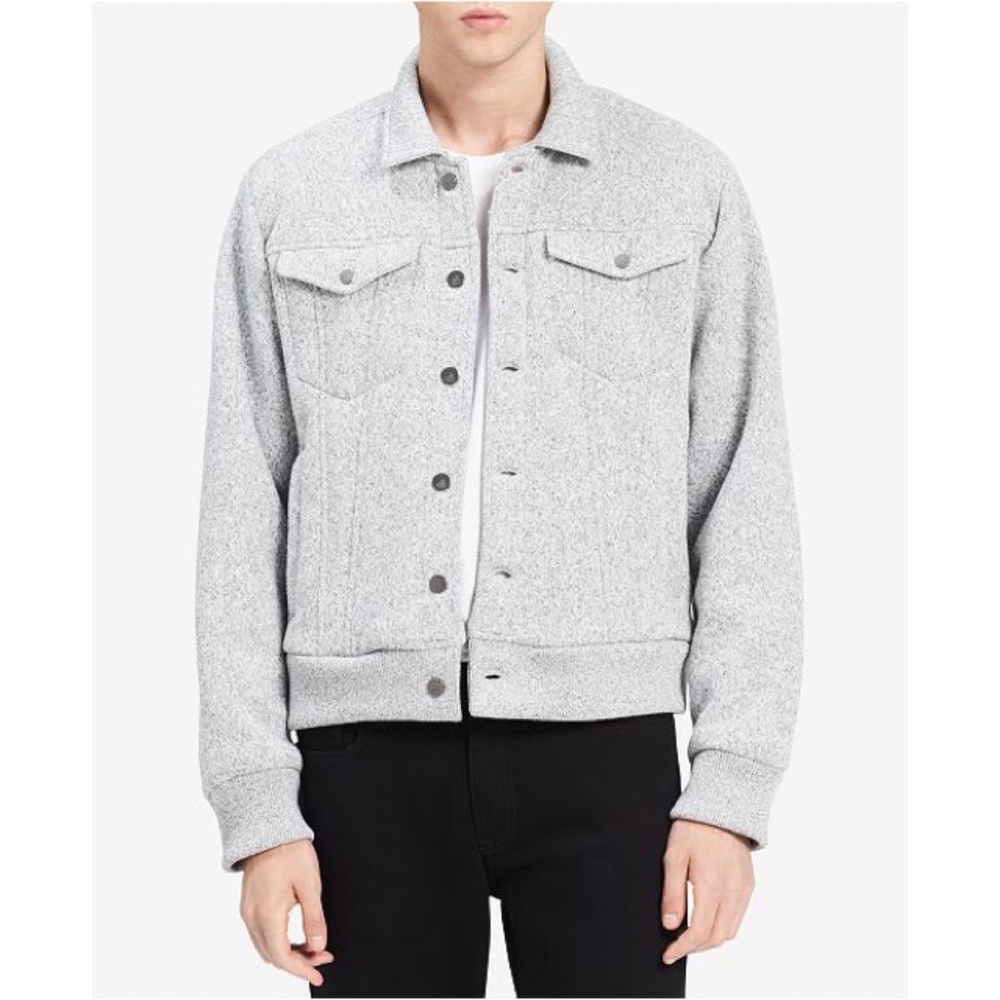 Calvin Klein Jeans Marled Heather Grey Sweater Sherpa Lined Trucker Jacket L